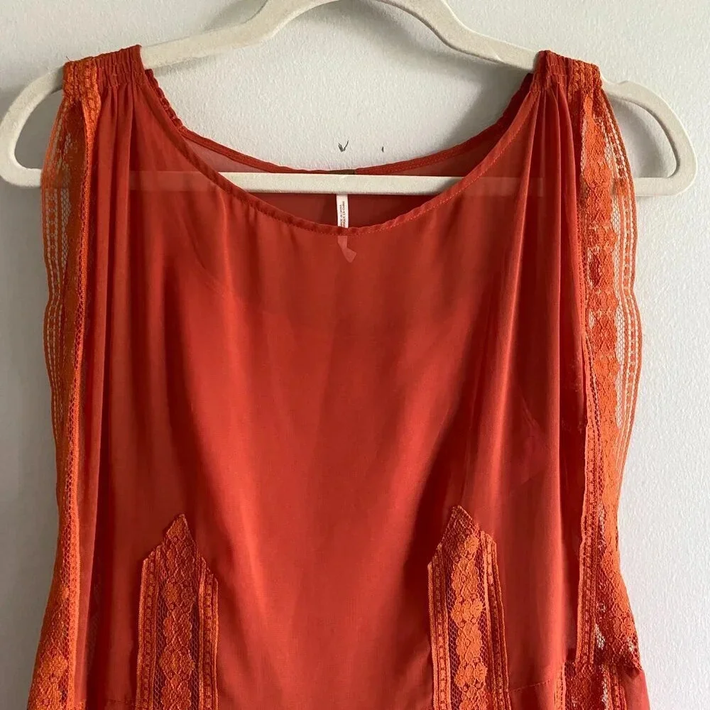 FREE People Orange Lace  Sleeveless Shift Boho Mini Dress Size XS - Picture 3 of 13